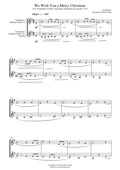 We Wish You a Merry Christmas (for trombone duet (treble clef), suitable for grades 2-6) (arr. Edwin Sung)