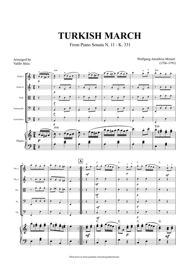Turkish March - String Quintet and Piano + CHORDS (arr. Valdir Maia)