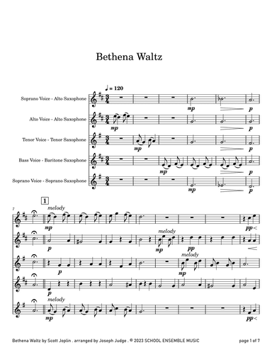 Bethena Waltz by Joplin for Saxophone Quartet in Schools (arr. Joseph Judge)