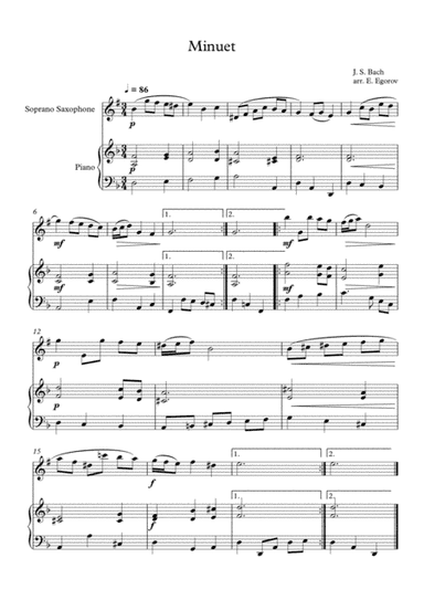 Minuet (In D Minor), Johann Sebastian Bach, For Soprano Saxophone & Piano (arr. Eugene Egorov)