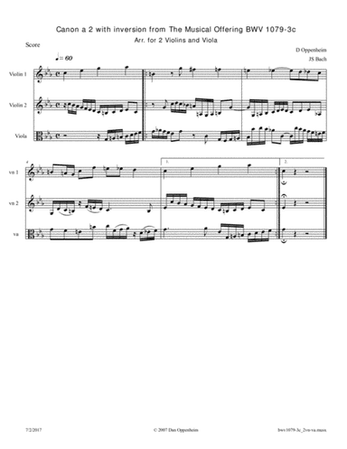 Bach: The Musical Offering (BWV 1079) No. 3c Canon a 2 with inversion arr. for 2 Violins and Viola (arr. D Oppenheim)