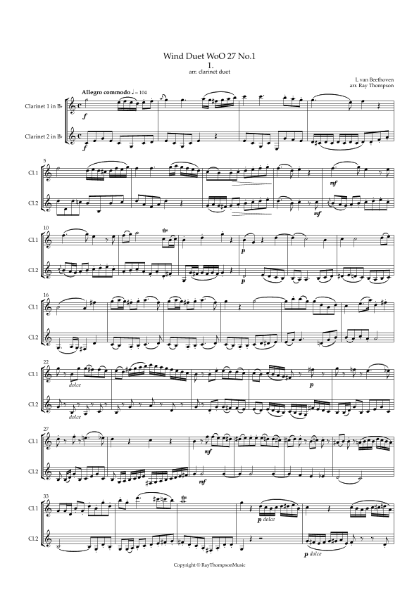 Beethoven: Wind Duet WoO 27 No.1   Mvt.I Allegro commodo  - clarinet duet (2 Bb or Bb/Bs.) (arr. Ray Thompson)
