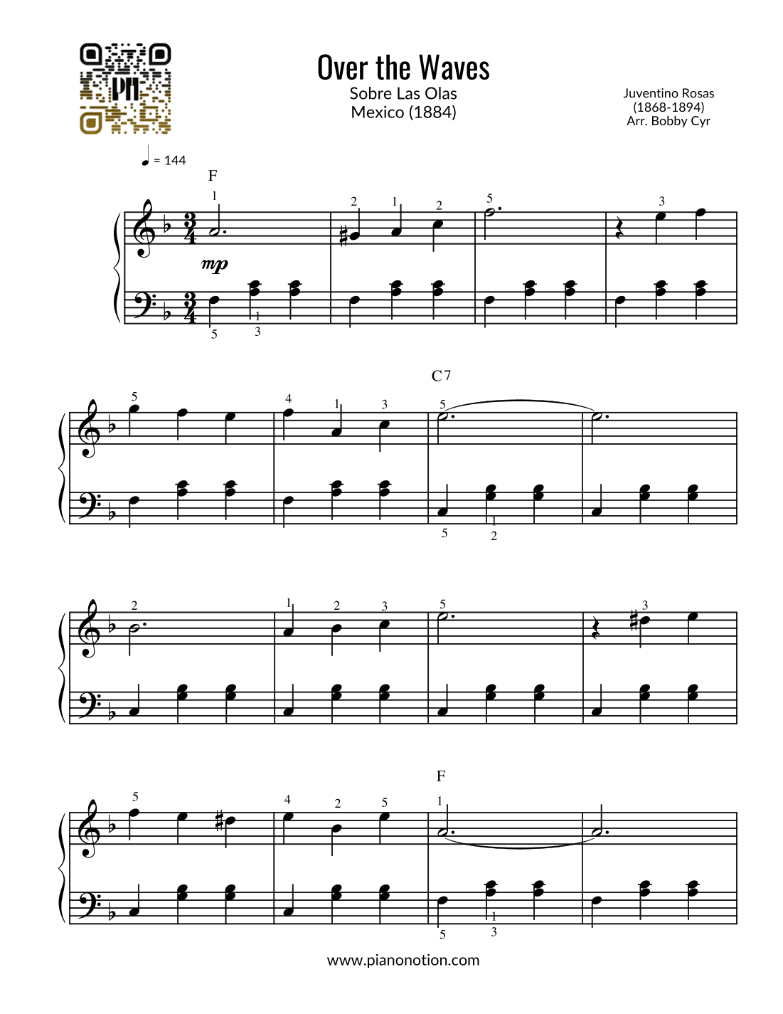 Over the Waves (Easy Piano) (arr. Bobby Cyr - Piano Notion)