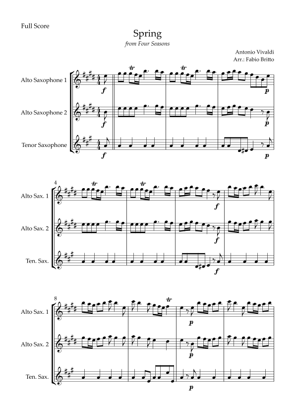 Spring (from Four Seasons of Antonio Vivaldi) for Saxophone Trio (arr. Fabio Britto)