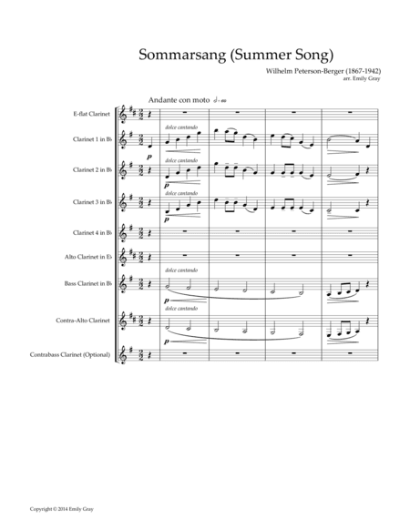 Sommarsang (Summer Song) for Clarinet Choir (Score) (arr. Emily Gray)
