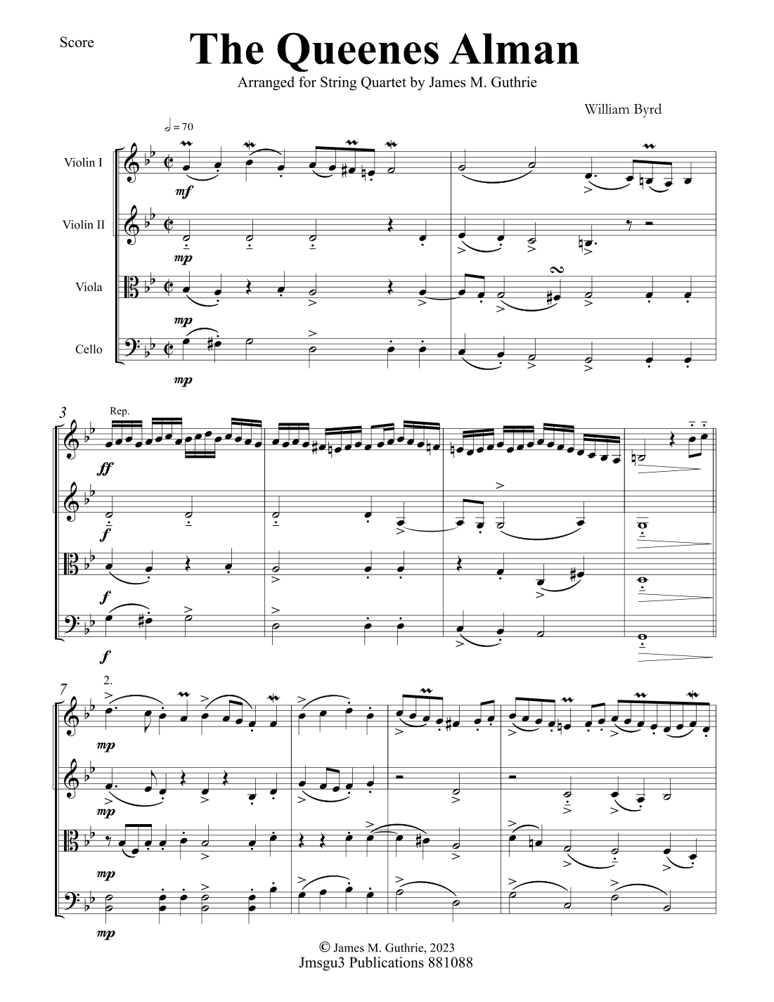 Byrd: The Queenes Alman for String Quartet - Score Only (arr. James M. Guthrie)