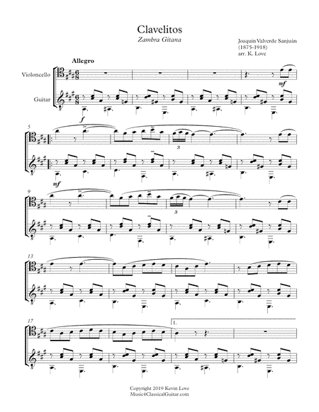 Clavelitos (Cello and Guitar) - Score and Parts (arr. K. Love)