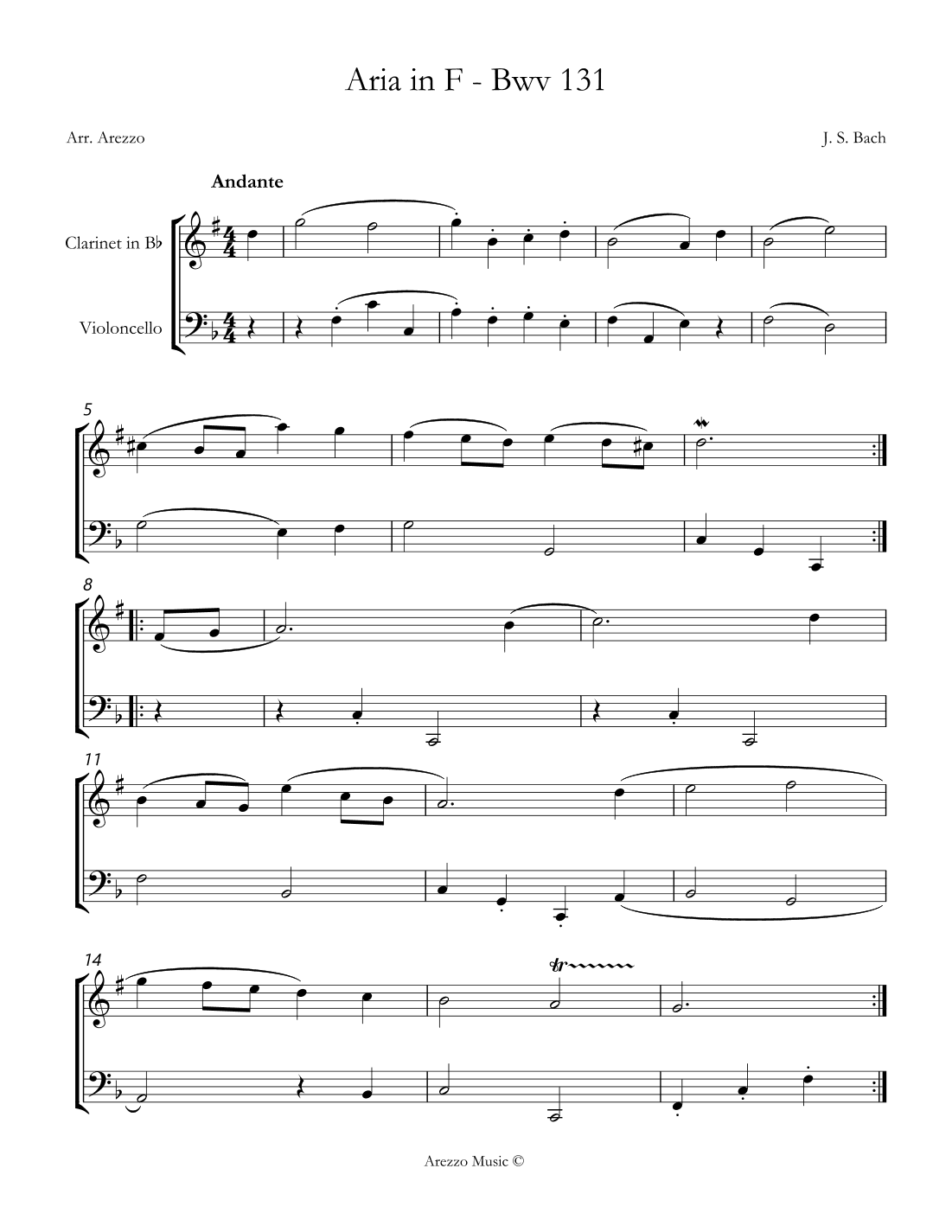 bach bwv anh. 131 gavotte in f major Clarinet and Cello Sheet Music (arr. Arezzo Music)