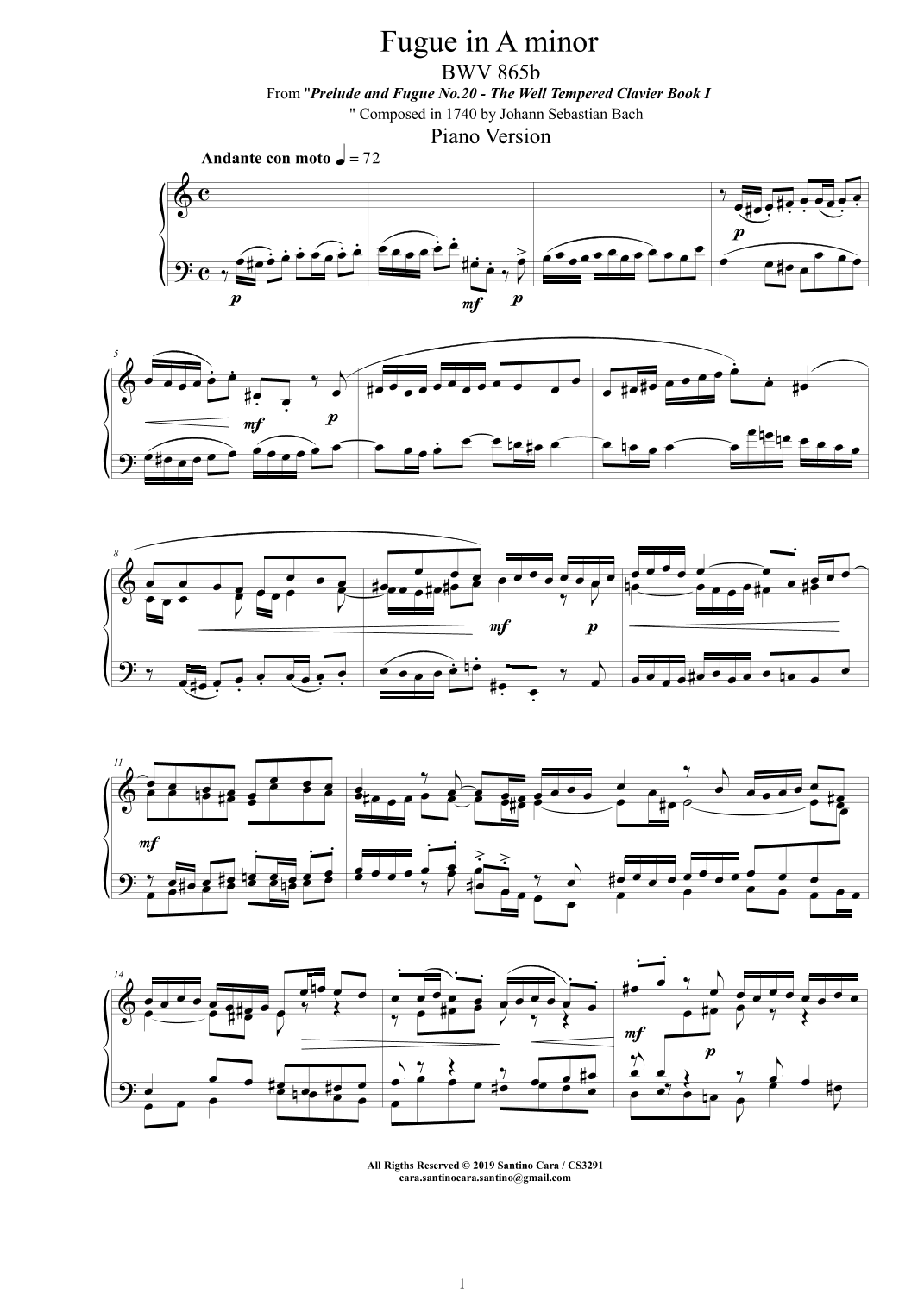 Bach - Fugue in A minor BWV 865b - Piano version (arr. Santino Cara)