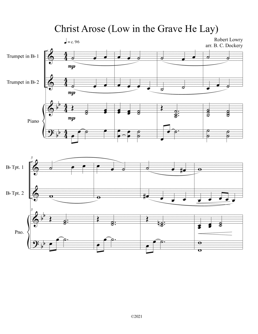Christ Arose (Low in the Grave He Lay) for trumpet duet with optional piano (arr. B. C. Dockery)