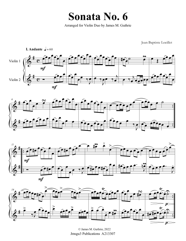 Loeillet: Sonata No. 6 for Violin Duo (arr. James M. Guthrie)
