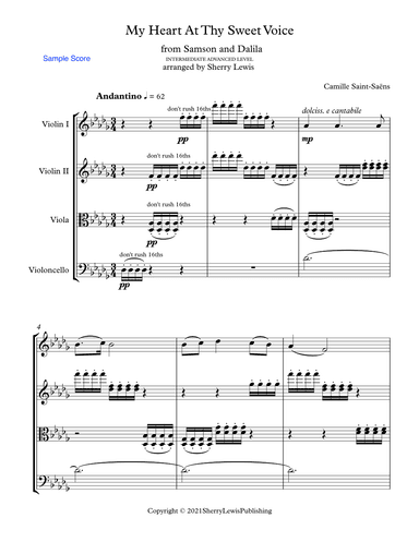 MY HEART AT THY SWEET VOICE for String Quartet, Advanced Intermediate Level for 2 violins, viola and (arr. Sherry Lewis)