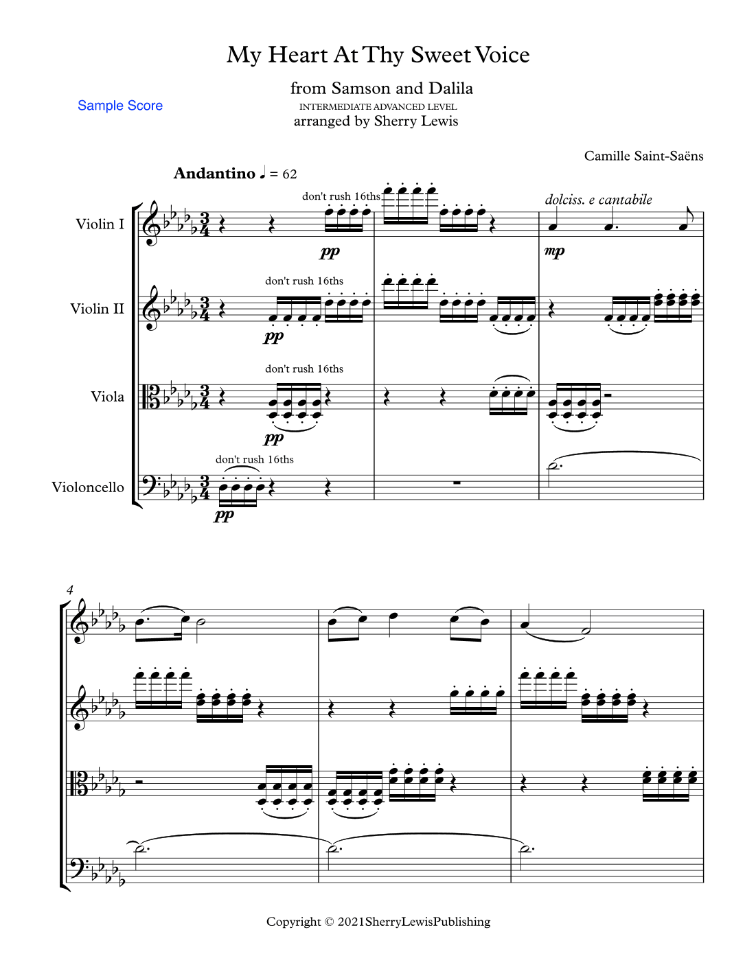 MY HEART AT THY SWEET VOICE for String Quartet, Advanced Intermediate Level for 2 violins, viola and (arr. Sherry Lewis)