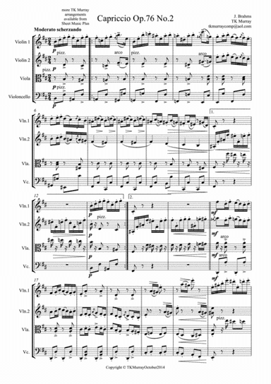 Brahms - Capriccio Op.76 No.2 - String Quartet (arr. Tim TK Murray)