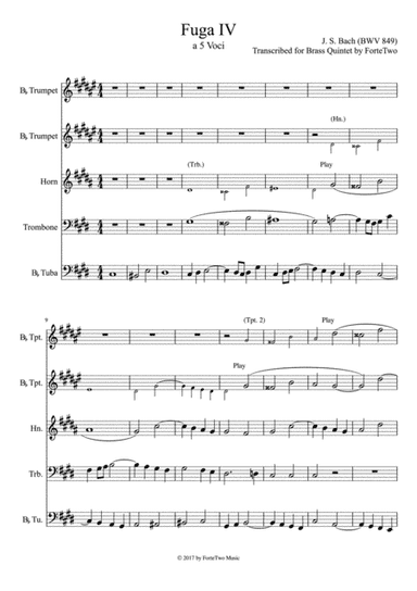 Fuga IV (from Well-Tempered Clavier Book 1, BWV 849) for Brass Quintet (arr. ForteTwo)