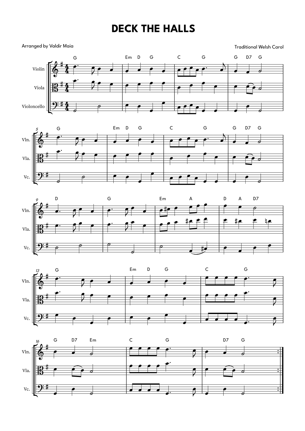 Deck The Halls - String Trio (violin, viola and cello) (arr. Valdir Maia)