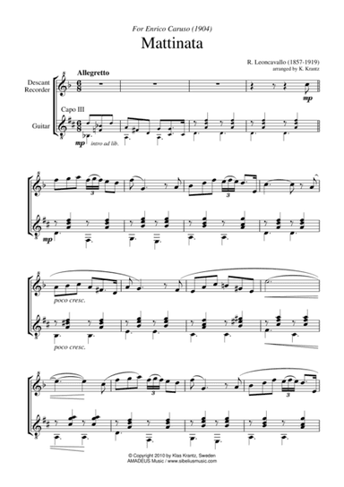 Mattinata for descant recorder and guitar (arr. Amadeus Music)