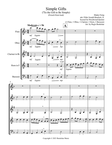 Simple Gifts ('Tis the Gift to Be Simple) (F) (Woodwind Quintet - 1 Flute, 1 Oboe, 1 Clar, 1 Hrn, 1 (arr. Regis Bookshar)