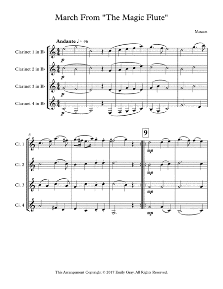 March from "The Magic Flute" (Clarinet Quartet) (arr. Emily Gray)