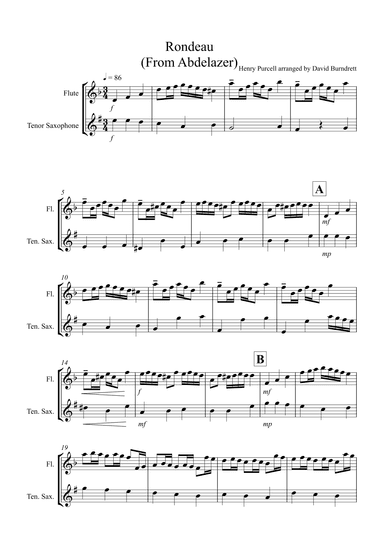 Rondeau (From Abdelazer) for Flute and Tenor Saxophone Duet (arr. David Burndrett)