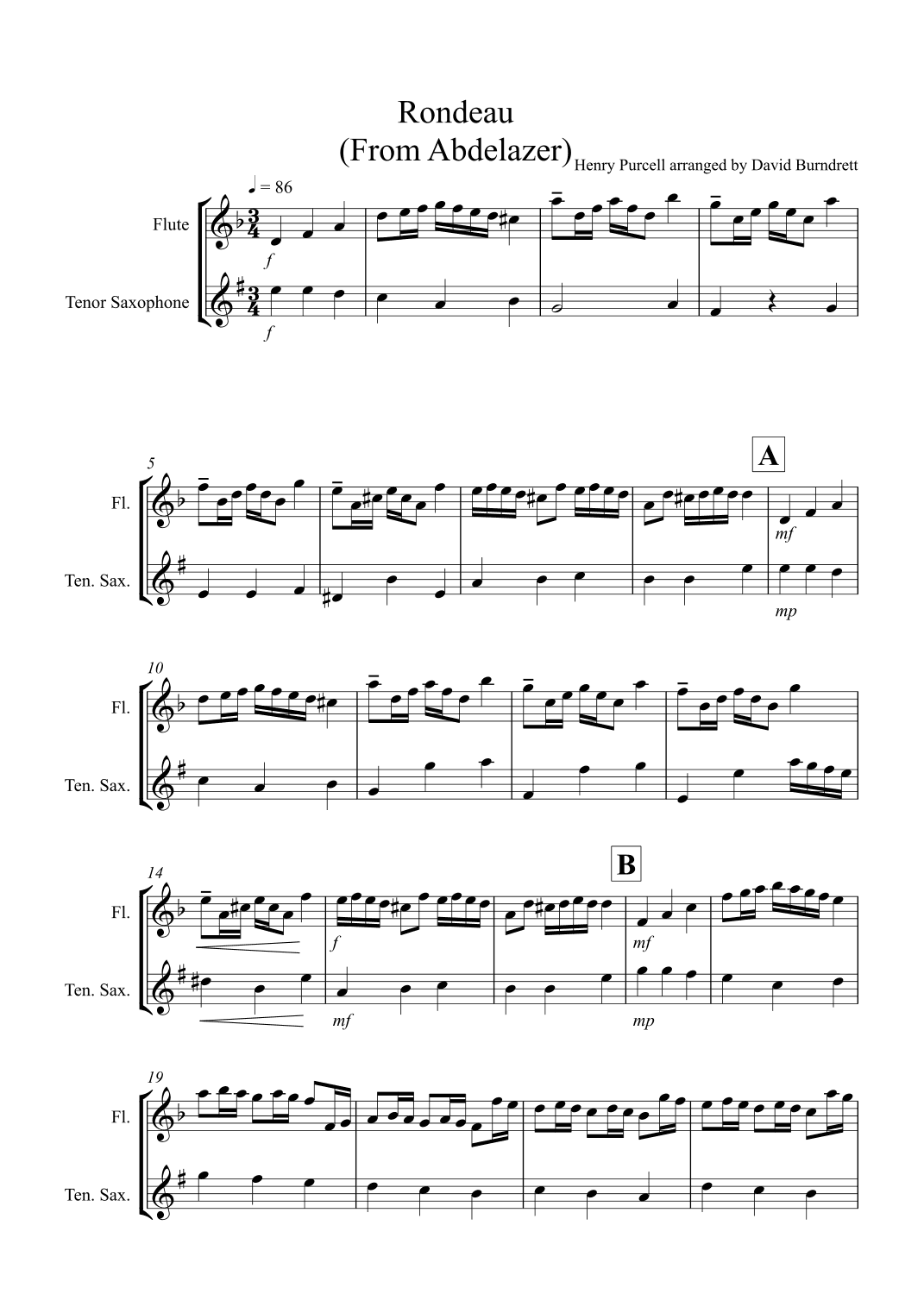 Rondeau (From Abdelazer) for Flute and Tenor Saxophone Duet (arr. David Burndrett)