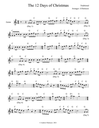 The 12 Days of Christmas for Guitar with Chords (arr. Andrew Pattinson)