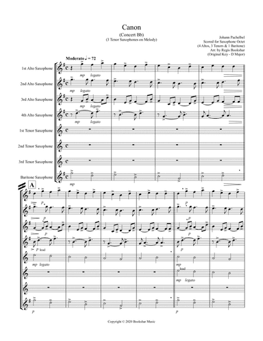 Canon (Pachelbel) (Bb) (Saxophone Octet - 4 Alto, 3 Tenor, 1 Bari) (3 Tenor lead) (arr. Regis Bookshar)