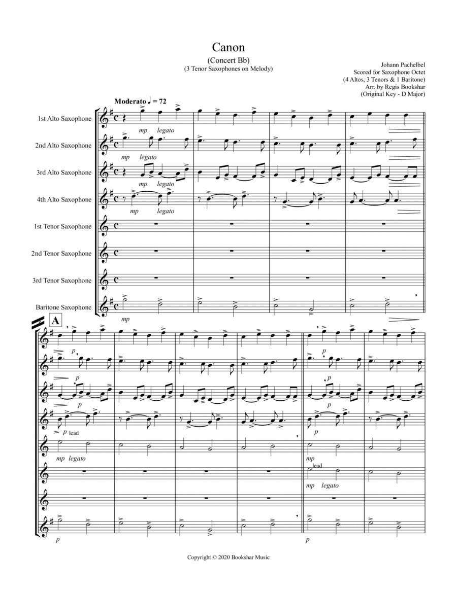 Canon (Pachelbel) (Bb) (Saxophone Octet - 4 Alto, 3 Tenor, 1 Bari) (3 Tenor lead) (arr. Regis Bookshar)