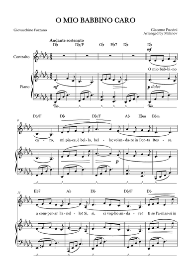 O Mio Babbino Caro | Female Voice Contralto | D-flat Major | Piano accompaniment | Pedal | Chords (arr. Milanov)