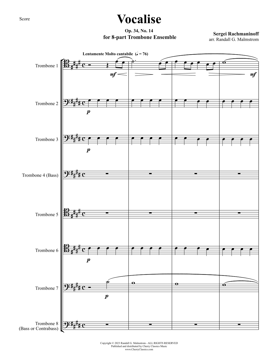 Vocalise for 8-part Trombone Ensemble (arr. Randall Malmstrom)