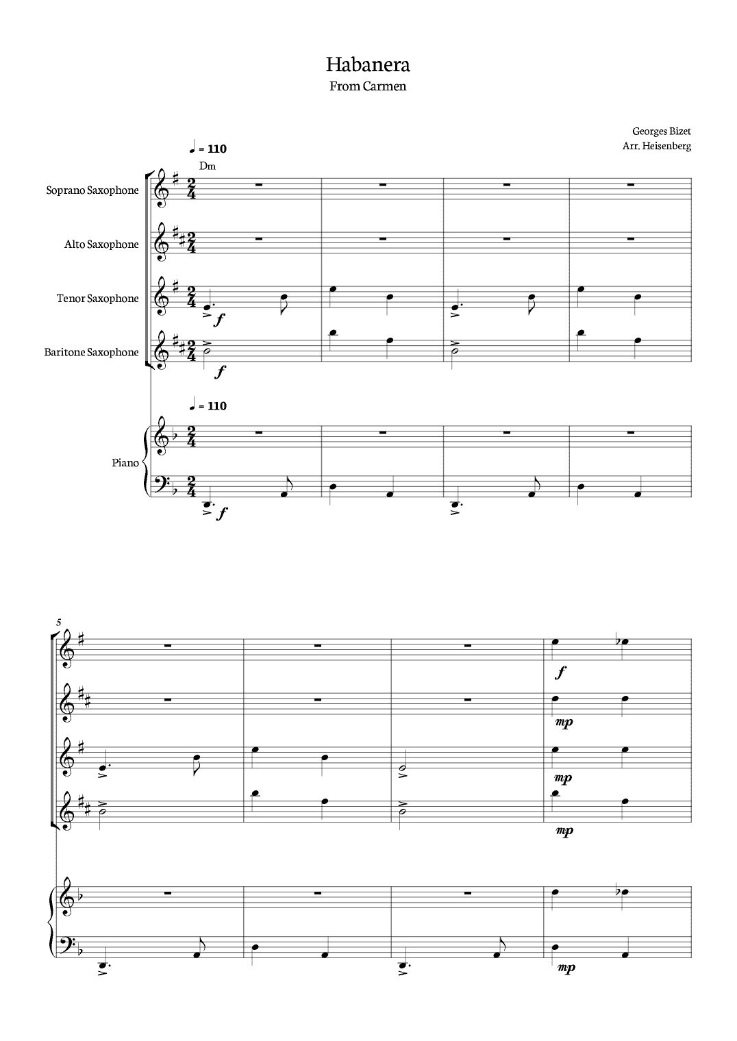 Habanera - Carmen - Georges Bizet, for Saxofone Quartet  with Piano and chords in a easy version. (arr. Heisenberg)