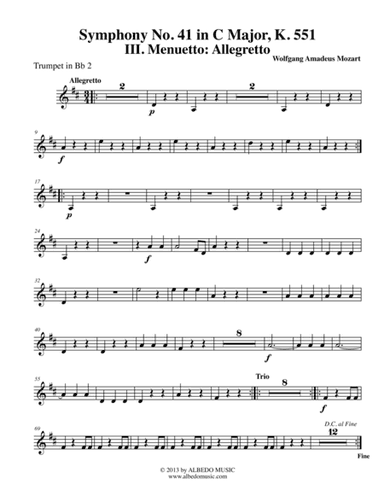 Mozart Symphony No. 41, Jupiter, Movement III - Trumpet in Bb 2 (Transposed Part), K. 551 (arr. Doug Clyde)