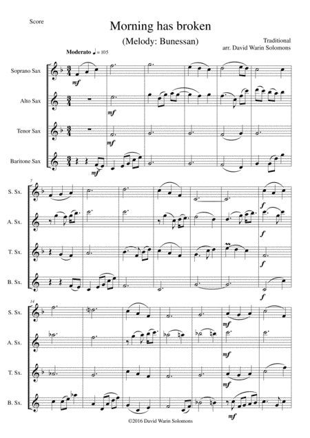 Variations on Morning has broken (Bunessan) for saxophone quartet (arr. David Warin Solomons)