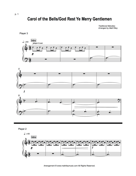 Carol of the Bells / God Rest Ye Merry Gentlemen  - 1 Piano, Six Hands (arr. Matt Riley)