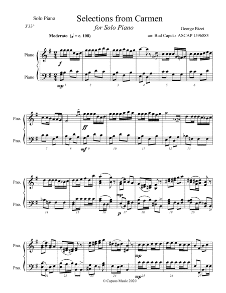 Carmen Selections for Solo Piano (arr. Bud Caputo)