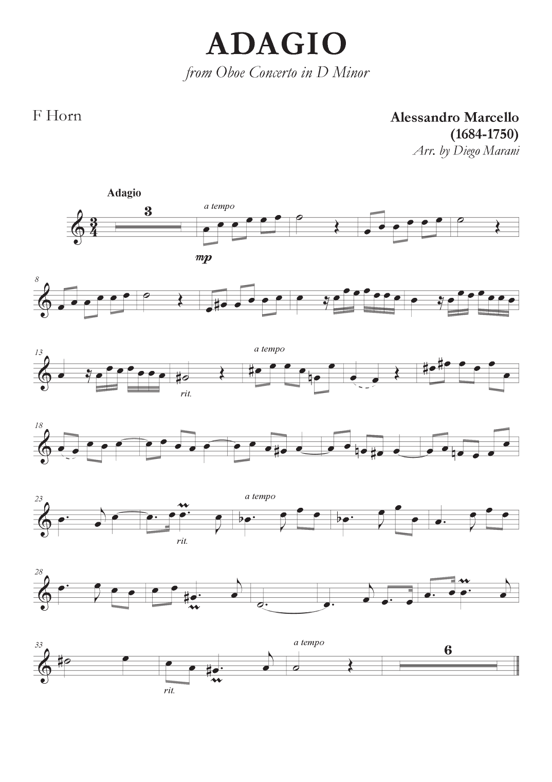 Marcello's Adagio for Horn and Piano (arr. Diego Marani)