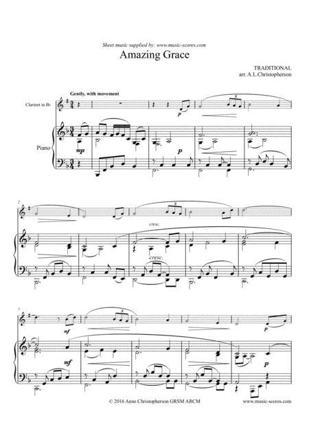 Amazing Grace - Clarinet and Piano - F major (arr. Anne L Christopherson GRSM ARCM)
