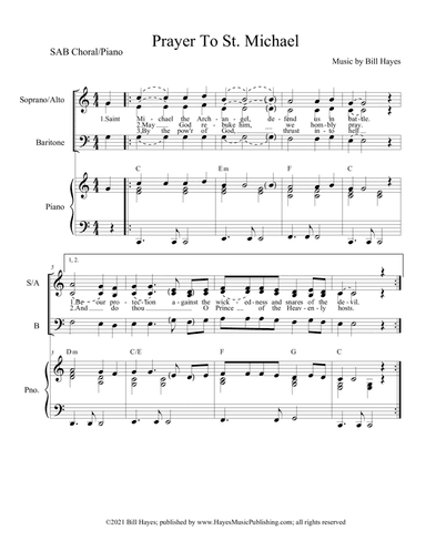 Prayer to St. Michael (in 3 versions:  SAB choral with piano; SAB choral only and Congregational (wo