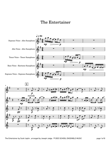 The Entertainer by Scott Joplin for Saxophone Quartet in Schools (arr. Joseph Judge)