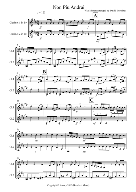 Non Più Andrai for Clarinet Duet (arr. David Burndrett)