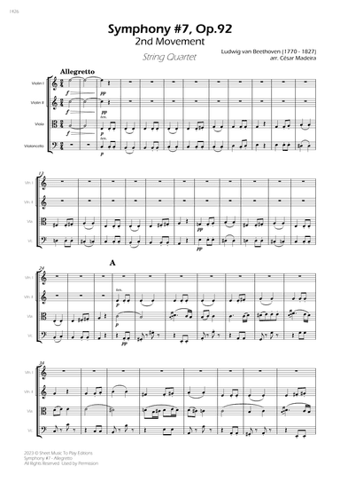 Symphony No.7, Op.92 - Allegretto - String Quartet (Full Score) - Score Only (arr. César Madeira)