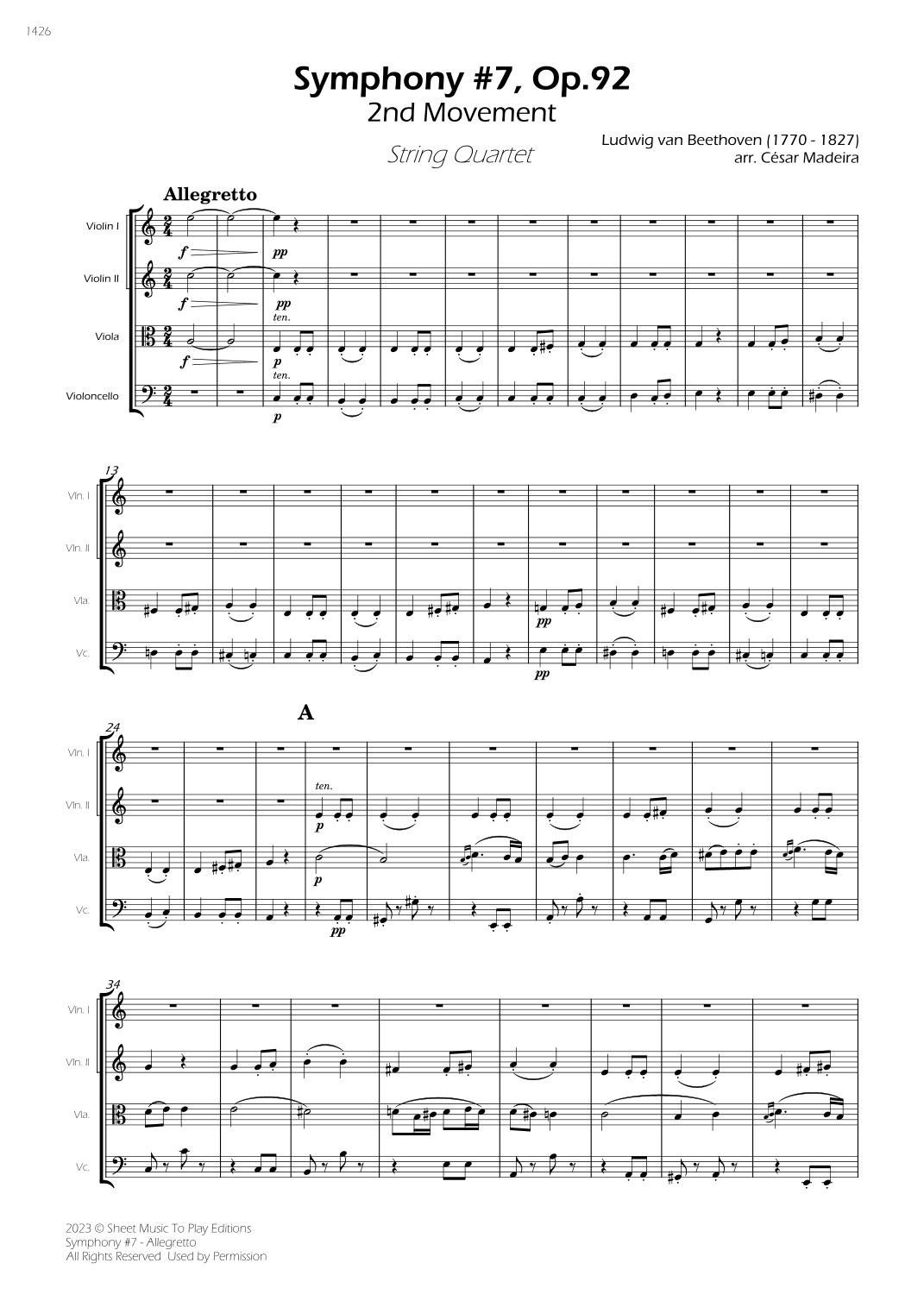 Symphony No.7, Op.92 - Allegretto - String Quartet (Full Score) - Score Only (arr. César Madeira)