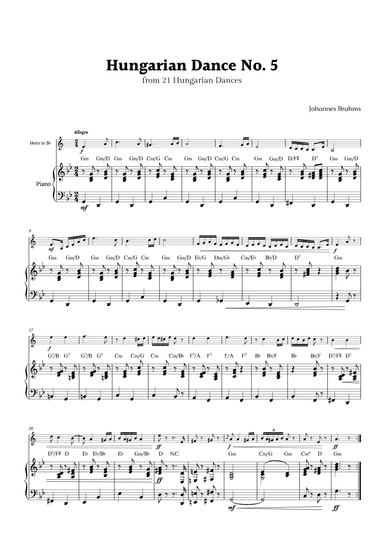 Hungarian Dance No. 5 by Brahms for Horn in B- Flat and Piano with Chords (arr. Rika K.)