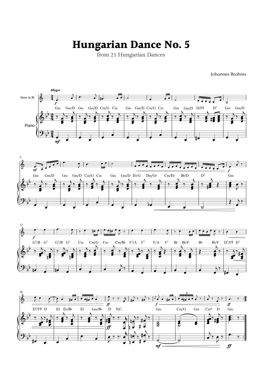Hungarian Dance No. 5 by Brahms for Horn in B- Flat and Piano with Chords (arr. Rika K.)