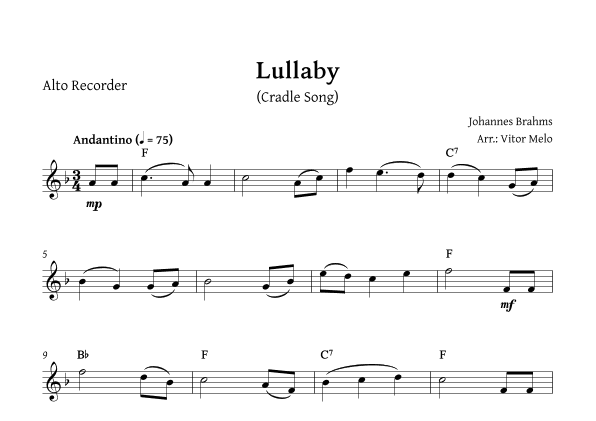 Brahms Lullaby - Alto Recorder (solo) (arr. Vitor Melo)