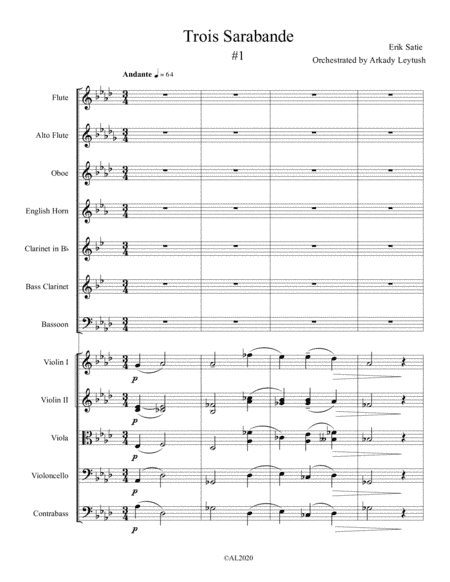Erik Satie - "Trois Sarabande", for Winds, Strings and Harp, Orchestrated by Arkady Leytush (Full Sc