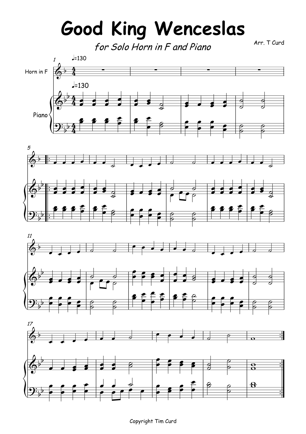 Good King Wenceslas for Horn in F and Piano (arr. Tim Curd)