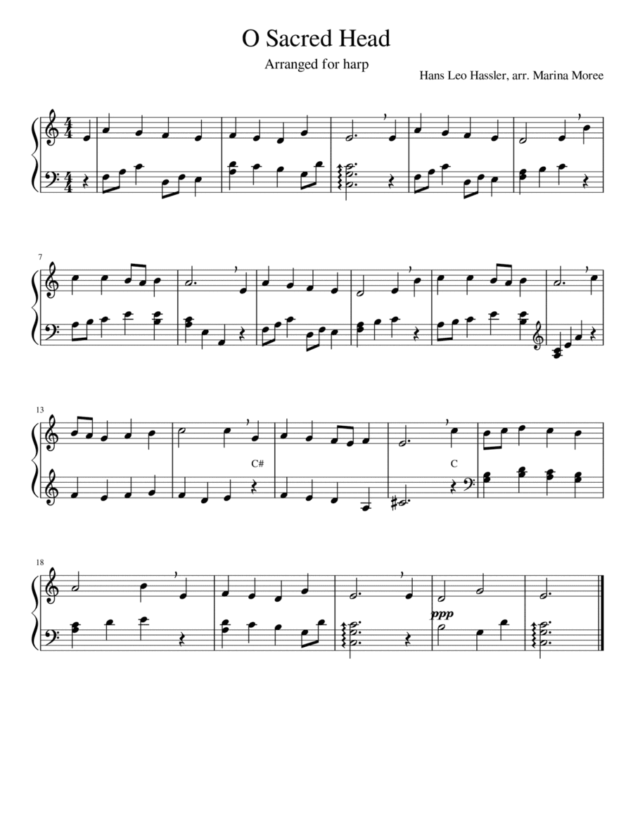 O Sacred Head, intermediate lever harp arrangement (arr. Marina Moree)