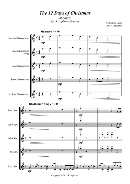 The 12 Days of Christmas - for Saxophone Quartet (arr. K. Agioritis)