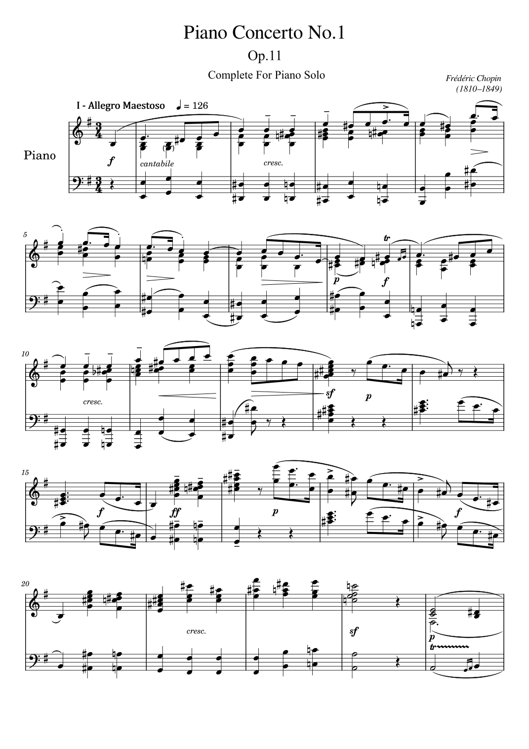 Chopin - Piano Concerto No.1 in E minor - Op.11 - Complete For Piano Solo (arr. poon)